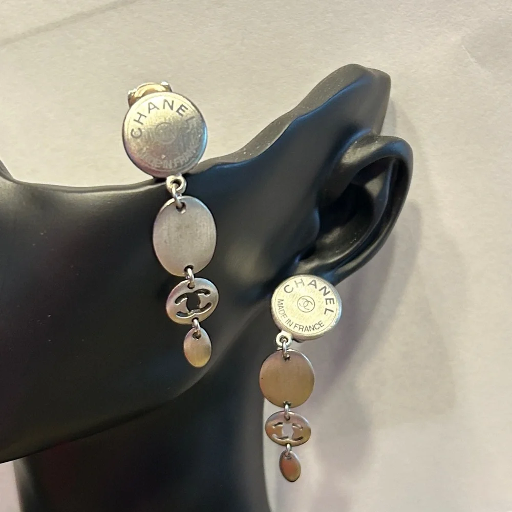 229. CHANEL (Clip)Oval Drop Matte Silver Logo Earrings w/coa - Picture 1 of 8